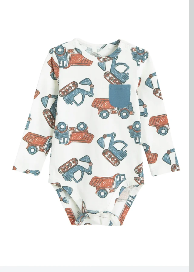 Cool Club White Digger Print Long Sleeve Bodysuit (2-36 mnths)