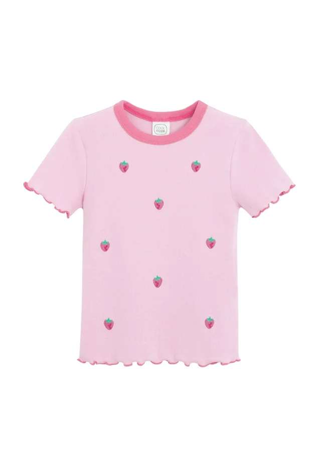 Cool Club Pink Strawberry Embroidered Short Sleeve Lettuce Edge Tee (3-8 yrs)