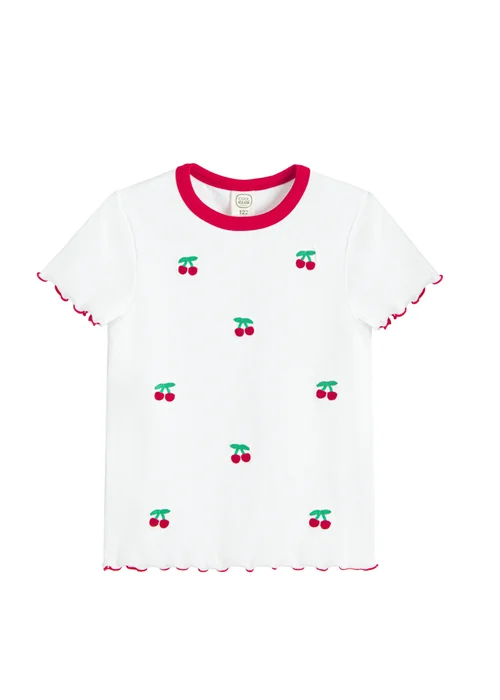 Cool Club White Cherry Embroidered Short Sleeve Lettuce Edge Tee (3-8 yrs) - 5 Yrs Image 1