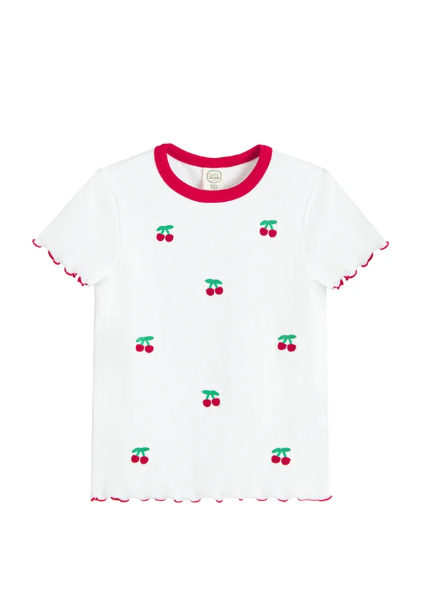 Cool Club White Cherry Embroidered Short Sleeve Lettuce Edge Tee (3-8 yrs)