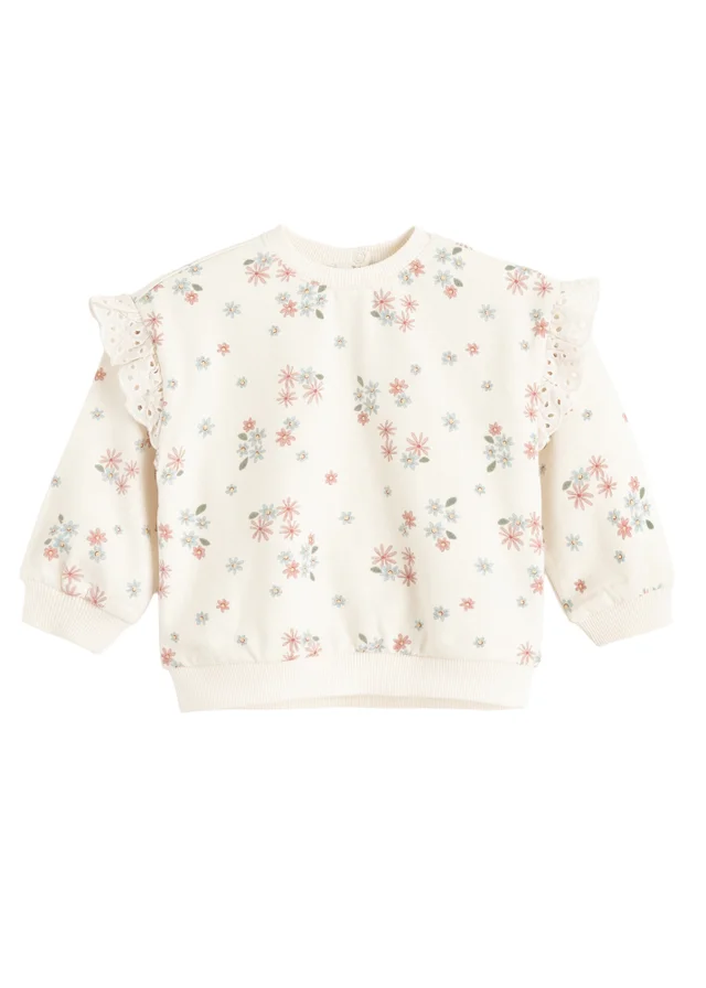 Cool Club Beige Floral Sweatshirt with Broderie Frill (3-24 mnths)