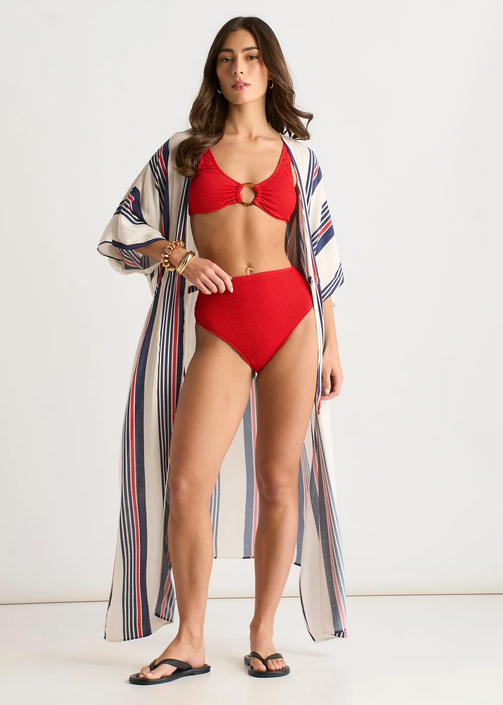 Gini London Multi Stripe Tie Detail Kimono Beachwear - M/L Image 2