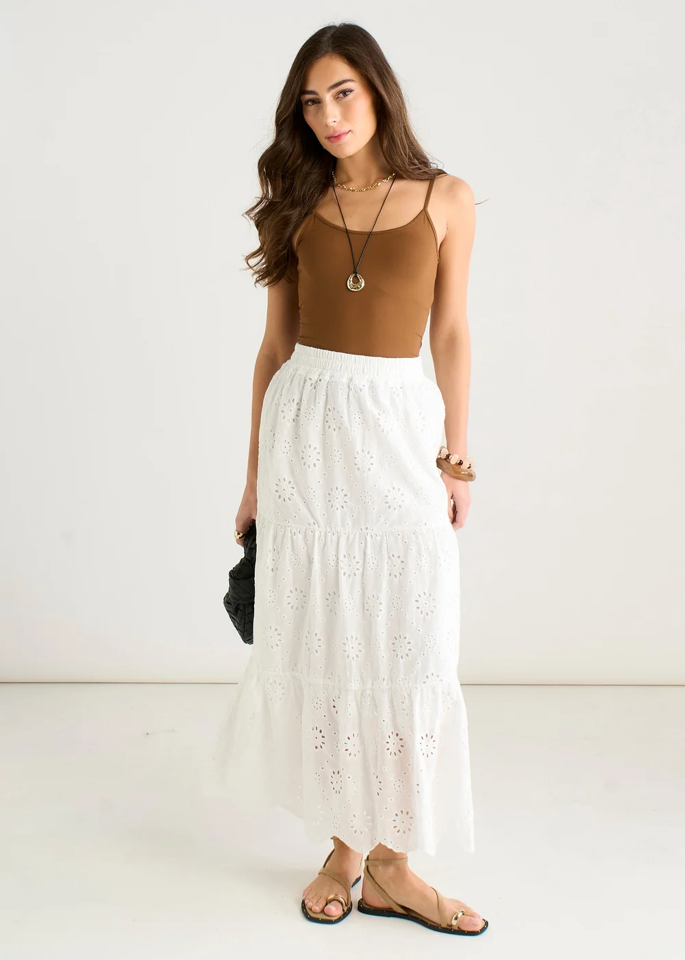 Gini London White Elasticated Waist Cotton Broderie Midaxi Skirt - S/M Image 4