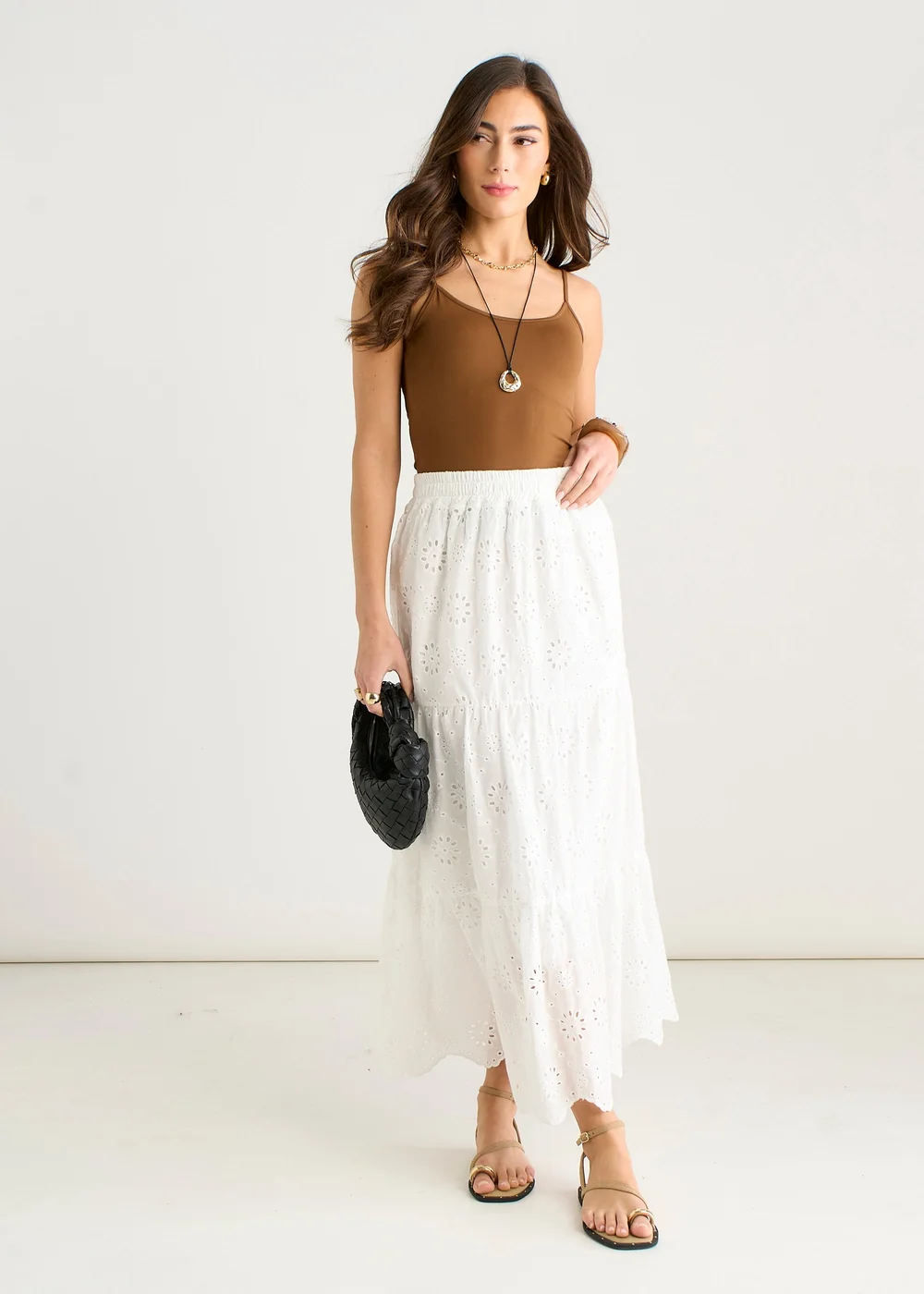 Gini London White Elasticated Waist Cotton Broderie Midaxi Skirt - S/M Image 1
