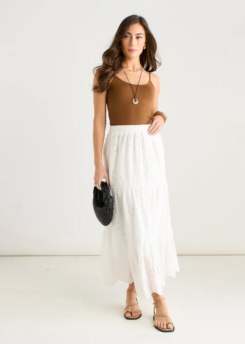 Gini London White Elasticated Waist Cotton Broderie Midaxi Skirt - S/M Image 1