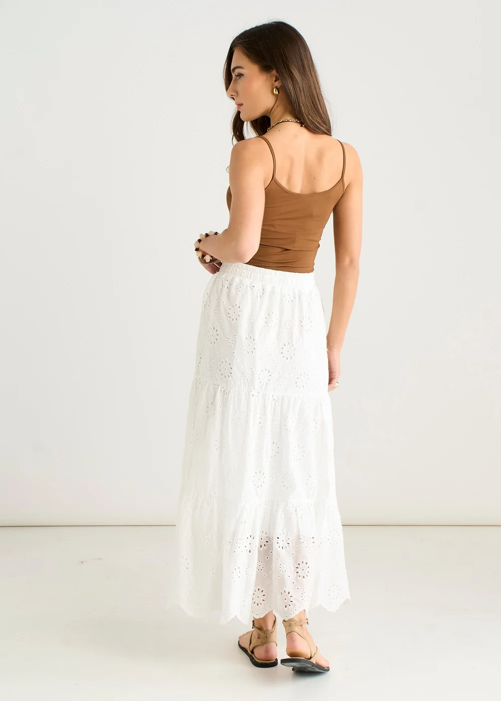 Gini London White Elasticated Waist Cotton Broderie Midaxi Skirt - S/M Image 2