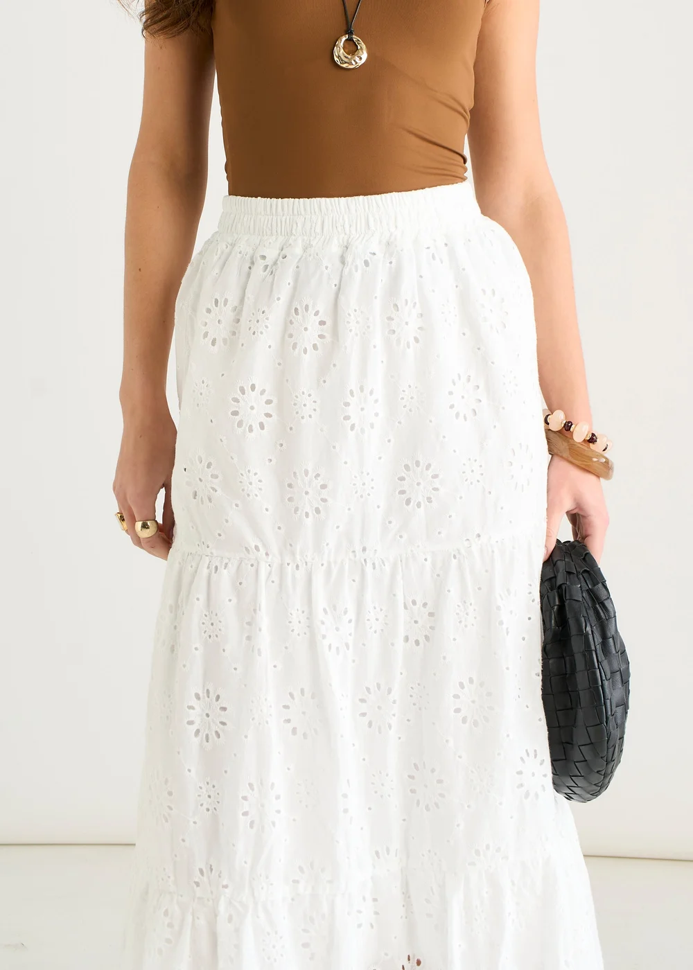 Gini London White Elasticated Waist Cotton Broderie Midaxi Skirt - S/M Image 3