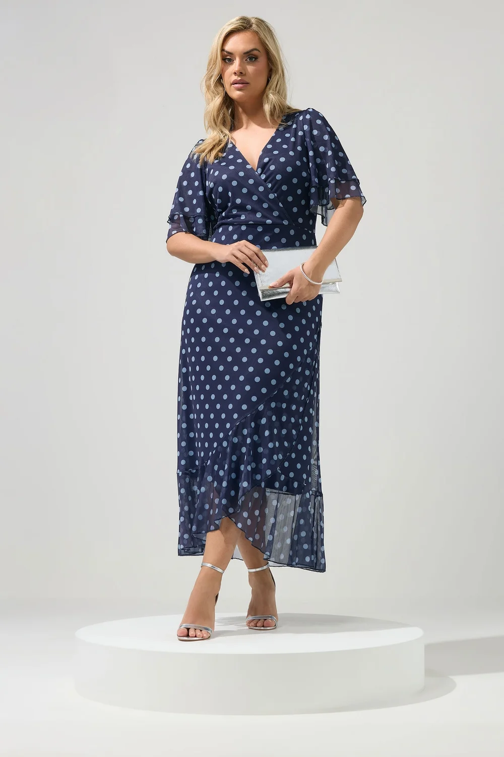 Yours London Curve Navy Blue Polka Dot Wrap Dress - 18 Image 3