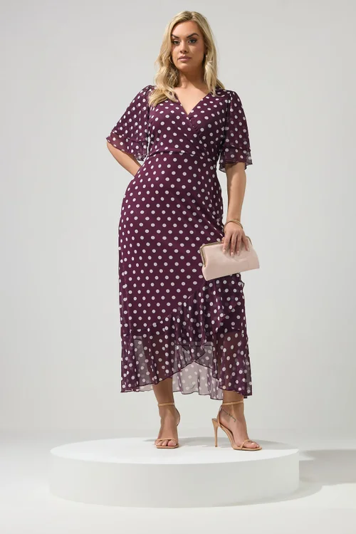 Yours London Curve Burgundy Red Polka Dot Wrap Dress - 24 Image 4