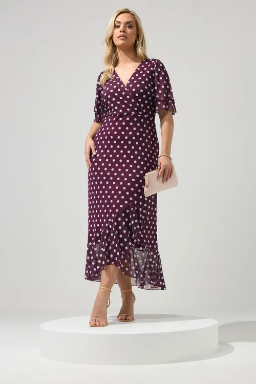 Yours London Curve Burgundy Red Polka Dot Wrap Dress - 24 Image 1