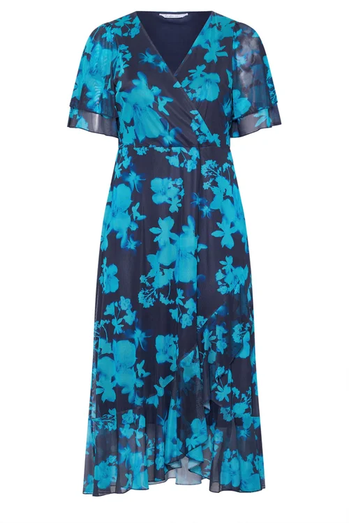 Yours London Curve Navy Blue Floral Mesh Ruffle Hem Dress - 14 Image 5