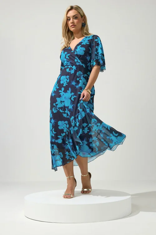 Yours London Curve Navy Blue Floral Mesh Ruffle Hem Dress - 14 Image 1