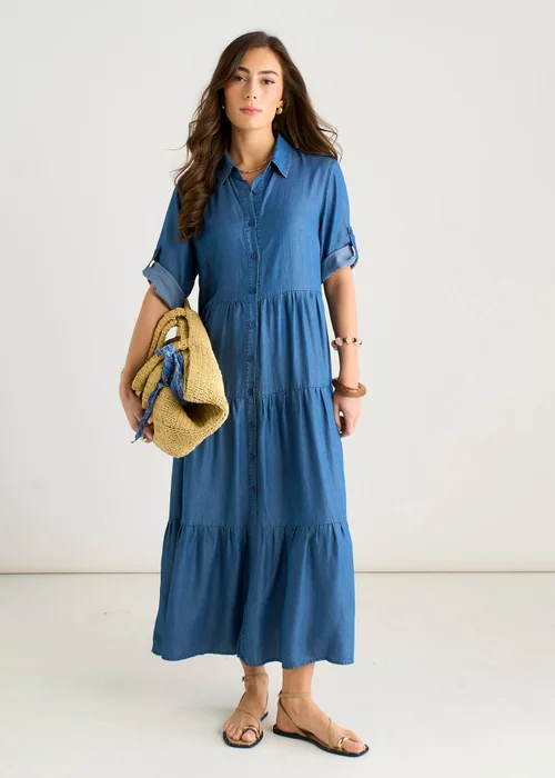 Gini London Blue Button Front Chambray Midaxi Shirt Dress - S/M Image 1
