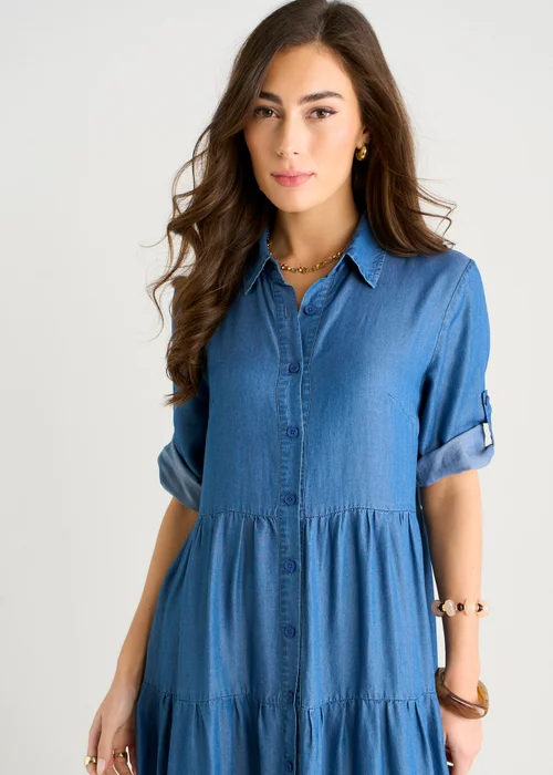 Gini London Blue Button Front Chambray Midaxi Shirt Dress - S/M Image 3