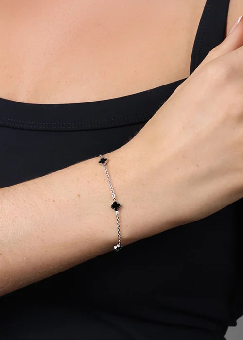 Say It With Silver & Black Dainty Clover Bracelet - One Size Image 2