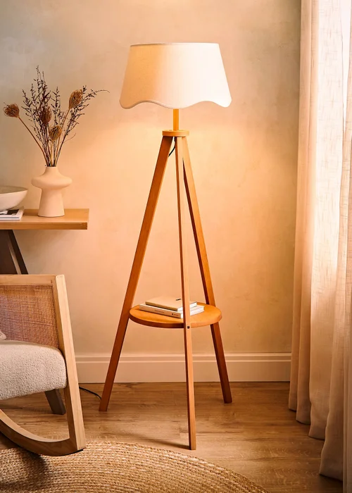 ValueLights Morrigan Shelf Floor Lamp Mid Wood with Natural Scalloped Linen Shade - One Size Image 2