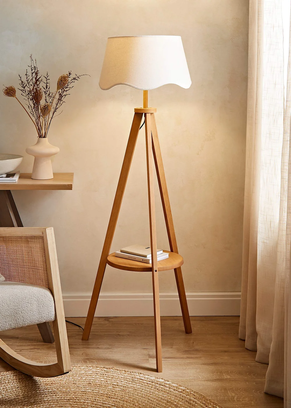 ValueLights Morrigan Shelf Floor Lamp Mid Wood with Natural Scalloped Linen Shade - One Size Image 1