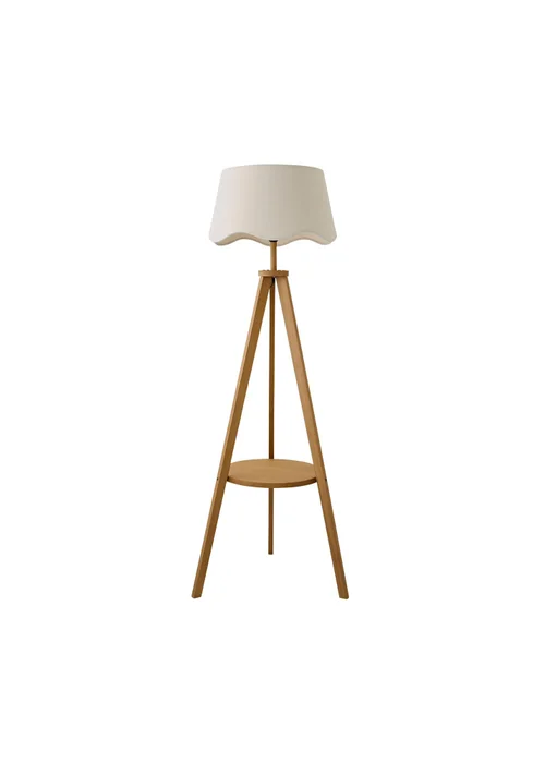 ValueLights Morrigan Shelf Floor Lamp Mid Wood with Natural Scalloped Linen Shade - One Size Image 6