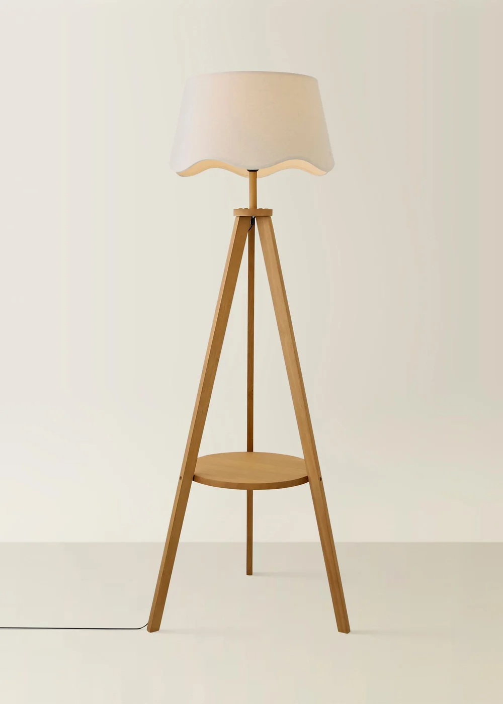 ValueLights Morrigan Shelf Floor Lamp Mid Wood with Natural Scalloped Linen Shade - One Size Image 3