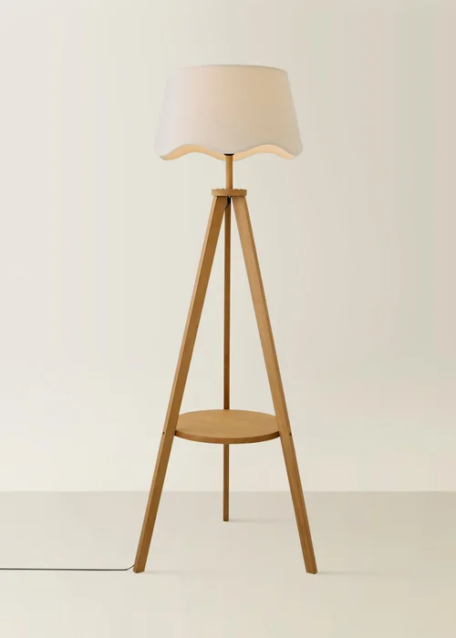 ValueLights Morrigan Shelf Floor Lamp Mid Wood with Natural Scalloped Linen Shade - One Size Image 3