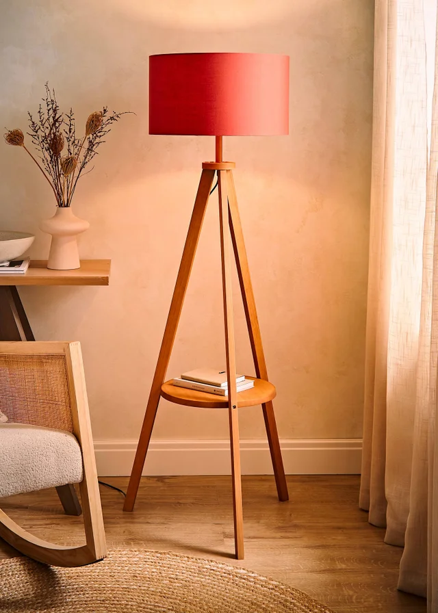 ValueLights Morrigan Shelf Floor Lamp Mid Wood with Rust Drum Shade