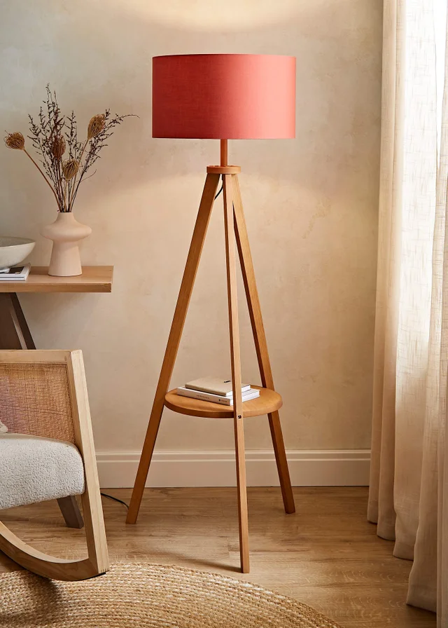 ValueLights Morrigan Shelf Floor Lamp Mid Wood with Rust Drum Shade