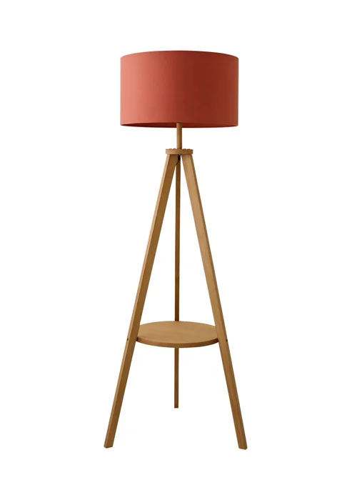 ValueLights Morrigan Shelf Floor Lamp Mid Wood with Rust Drum Shade - One Size Image 5