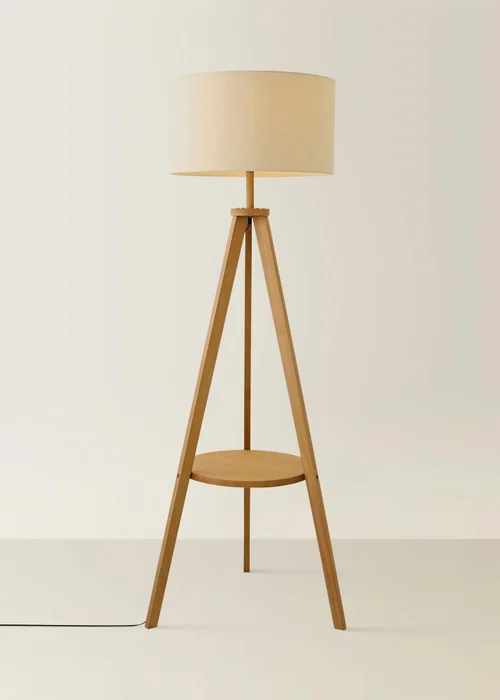 ValueLights Morrigan Shelf Floor Lamp Mid Wood with Natural Drum Shade - One Size Image 3