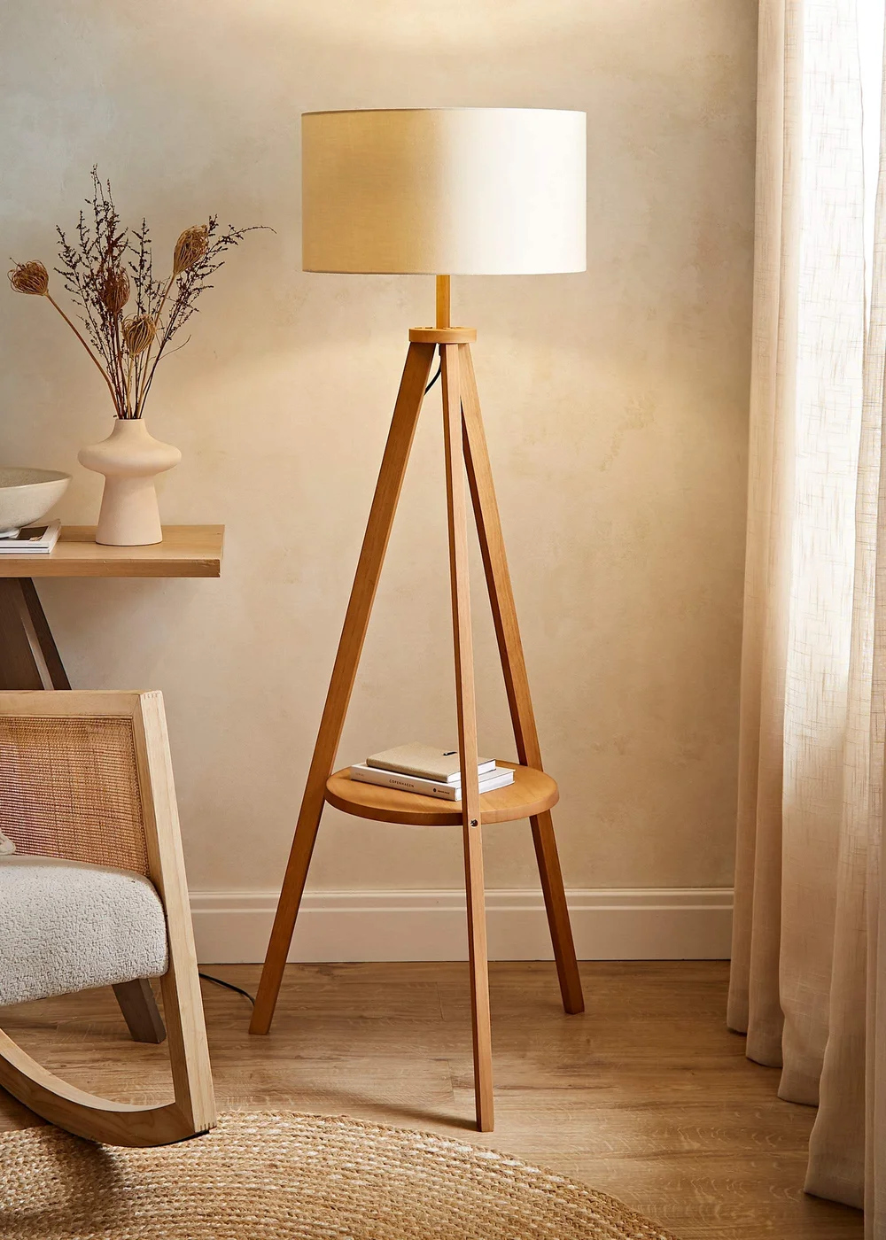ValueLights Morrigan Shelf Floor Lamp Mid Wood with Natural Drum Shade - One Size Image 1
