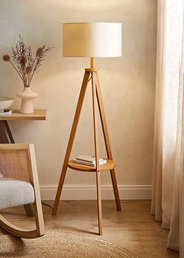 ValueLights Morrigan Shelf Floor Lamp Mid Wood with Cream Drum Shade