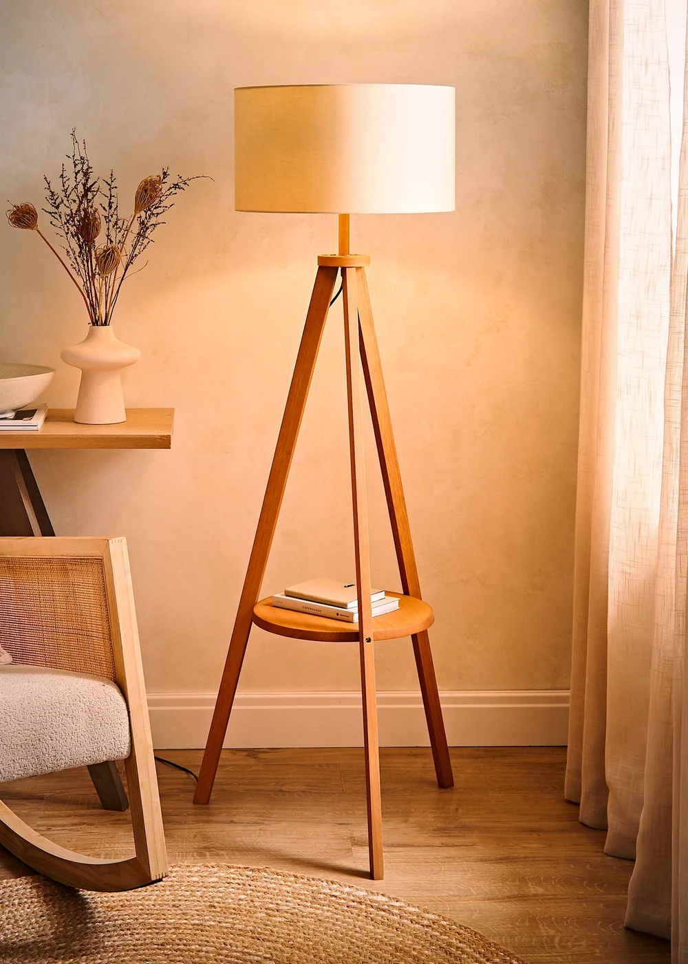 ValueLights Morrigan Shelf Floor Lamp Mid Wood with Natural Drum Shade - One Size Image 2
