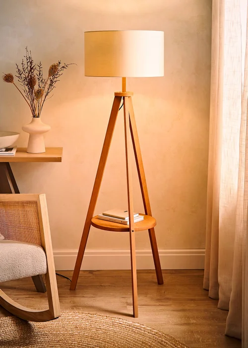 ValueLights Morrigan Shelf Floor Lamp Mid Wood with Natural Drum Shade - One Size Image 2