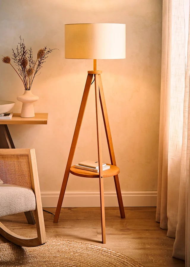 ValueLights Morrigan Shelf Floor Lamp Mid Wood with Cream Drum Shade