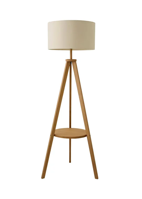 ValueLights Morrigan Shelf Floor Lamp Mid Wood with Natural Drum Shade - One Size Image 5