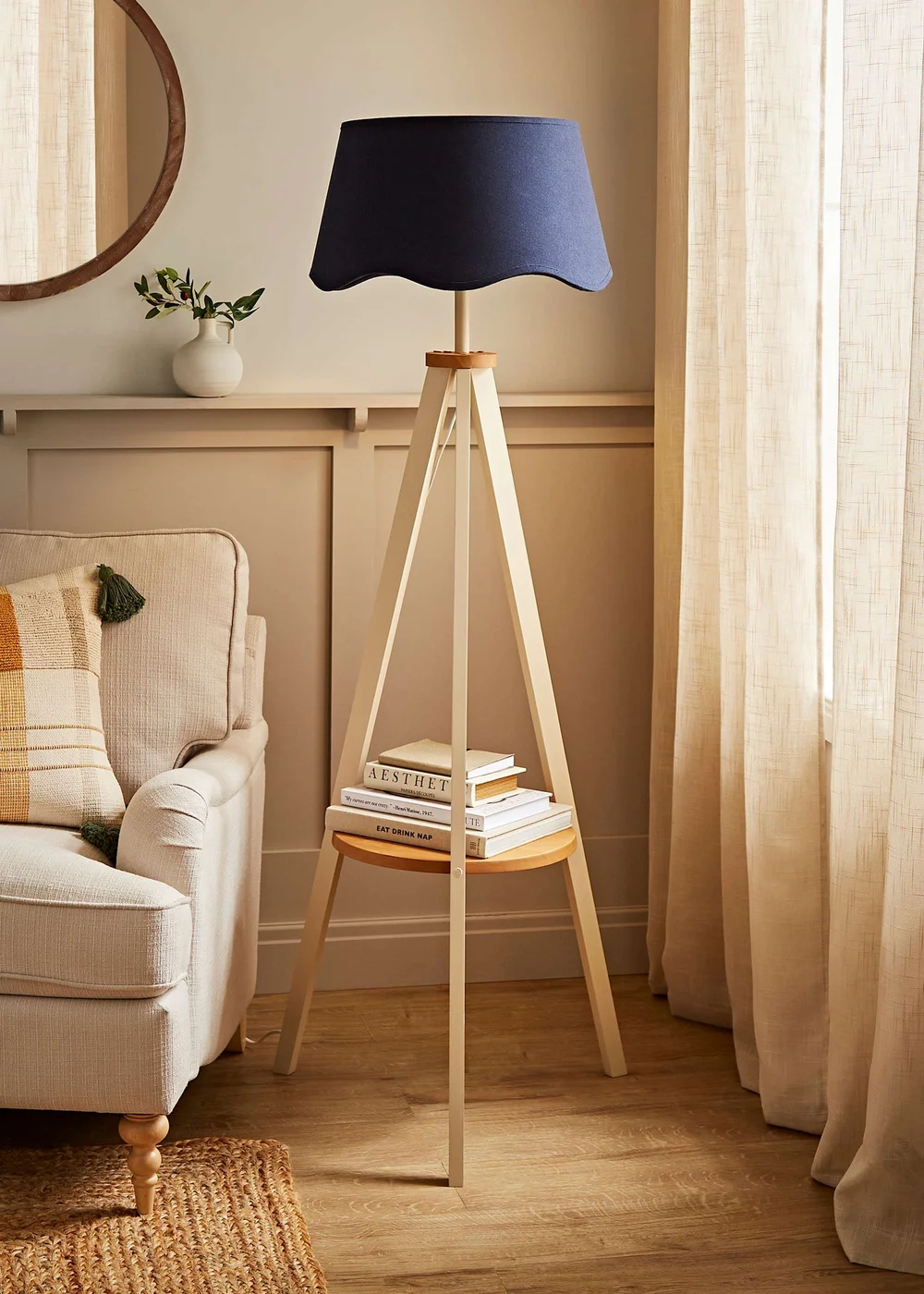 ValueLights Morrigan Shelf Floor Lamp Painted Cream with Navy Scalloped Linen Shade - One Size Image 5