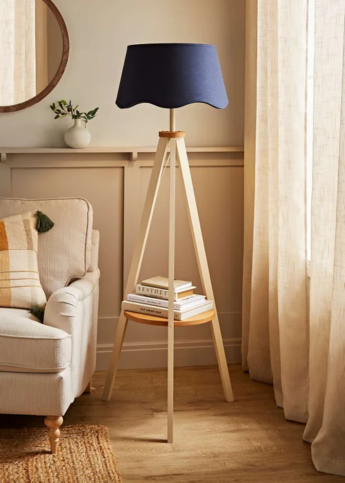 ValueLights Morrigan Shelf Floor Lamp Painted Cream with Navy Scalloped Linen Shade - One Size Image 5