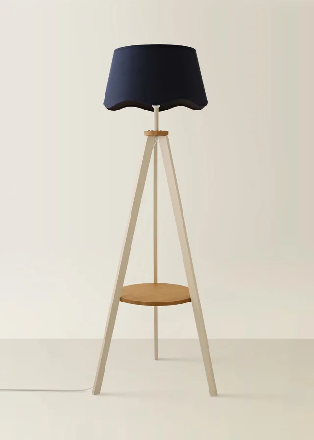 ValueLights Morrigan Shelf Floor Lamp Painted Cream with Navy Scalloped Linen Shade
