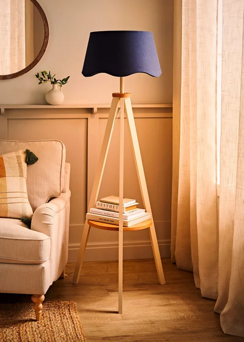 ValueLights Morrigan Shelf Floor Lamp Painted Cream with Navy Scalloped Linen Shade - One Size Image 1
