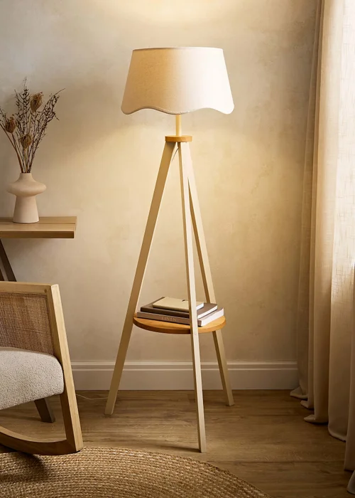 ValueLights Morrigan Shelf Floor Lamp Painted Cream with Natural Linen Scalloped Shade - One Size Image 5