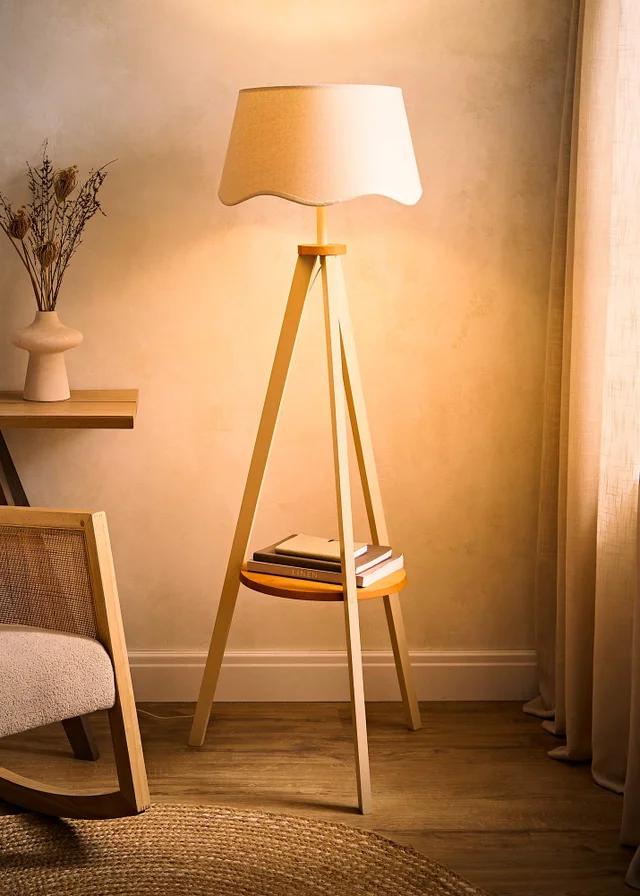 ValueLights Morrigan Shelf Floor Lamp Painted Cream with Natural Linen Scalloped Shade