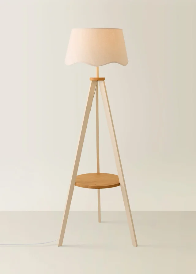 ValueLights Morrigan Shelf Floor Lamp Painted Cream with Natural Linen Scalloped Shade