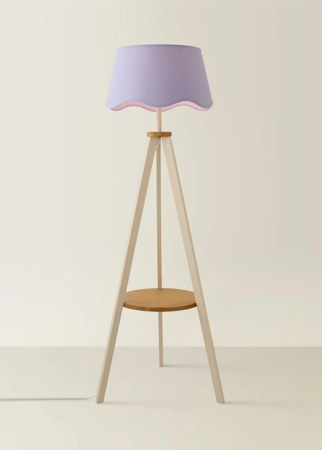 ValueLights Morrigan Shelf Floor Lamp Painted Cream with Lilac Scalloped Linen Shade