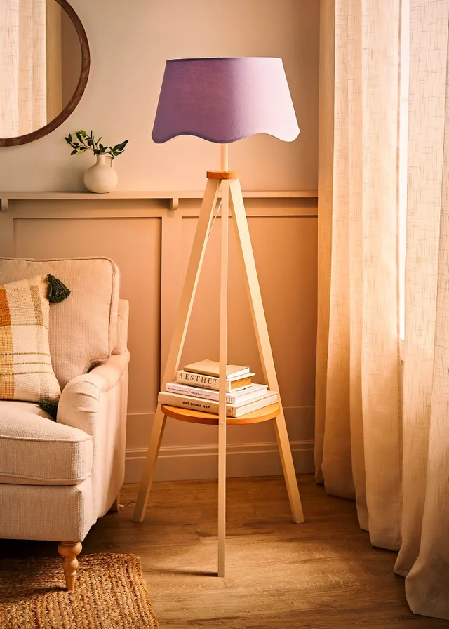 ValueLights Morrigan Shelf Floor Lamp Painted Cream with Lilac Scalloped Linen Shade