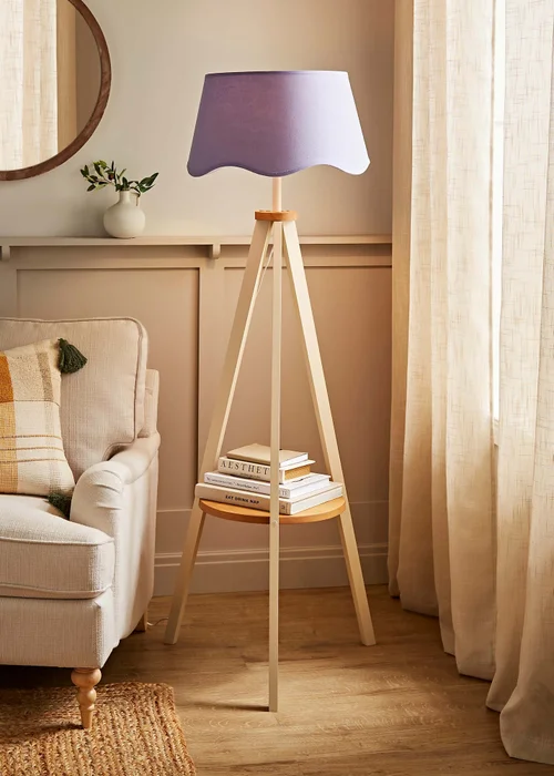 ValueLights Morrigan Shelf Floor Lamp Painted Cream with Lilac Scalloped Linen Shade - One Size Image 5