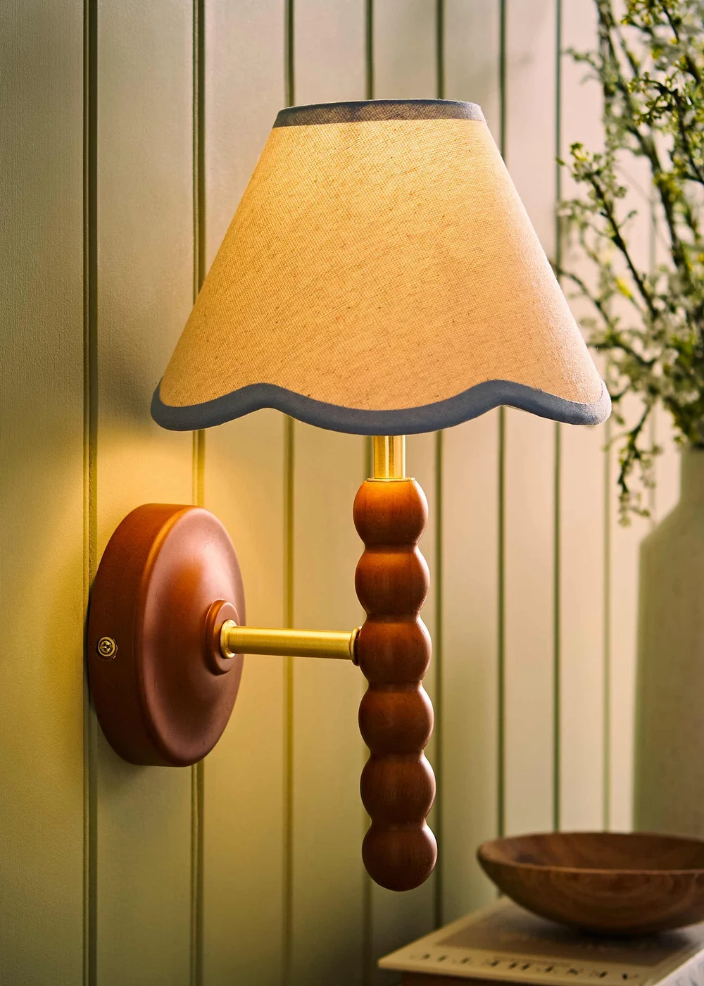 ValueLights Bobble Walnut Wall Light with Blue Trim Scallop Shade - One Size Image 1