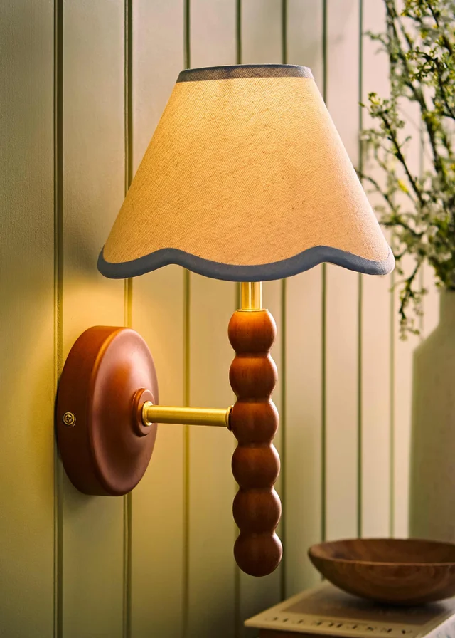 ValueLights Bobble Walnut Wall Light with Blue Trim Scallop Shade