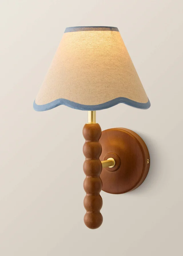 ValueLights Bobble Walnut Wall Light with Blue Trim Scallop Shade