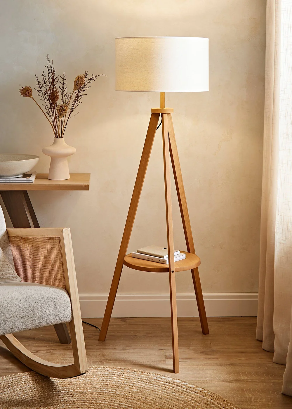 ValueLights Morrigan Shelf Floor Lamp Mid Wood with Linen White Trim Shade - One Size Image 1
