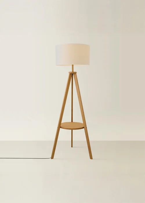 ValueLights Morrigan Shelf Floor Lamp Mid Wood with Linen White Trim Shade - One Size Image 4