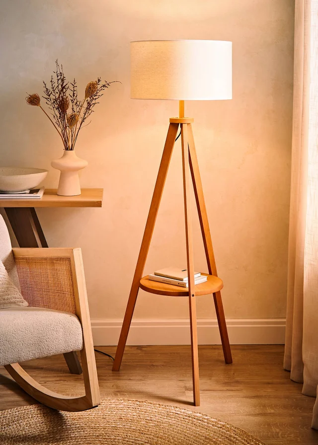 ValueLights Morrigan Shelf Floor Lamp Mid Wood with Linen White Trim Shade